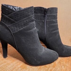 Women’s Black Suede High-Heel Ankle Boots with Stud Detail